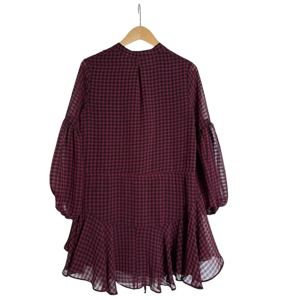 VICI Red & Black Gingham Plaid Long Sleeve Mini Dress Drawstring Waist Sz S NWOT